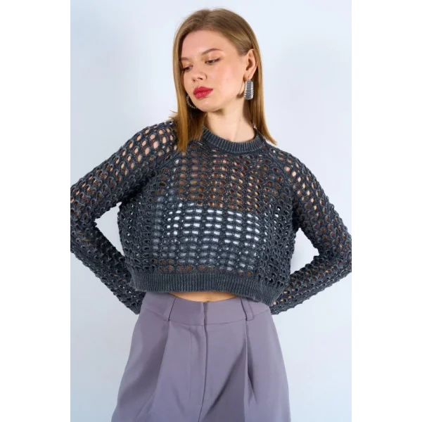 Ajurlu Taş Yıkamalı Kazak  Füme