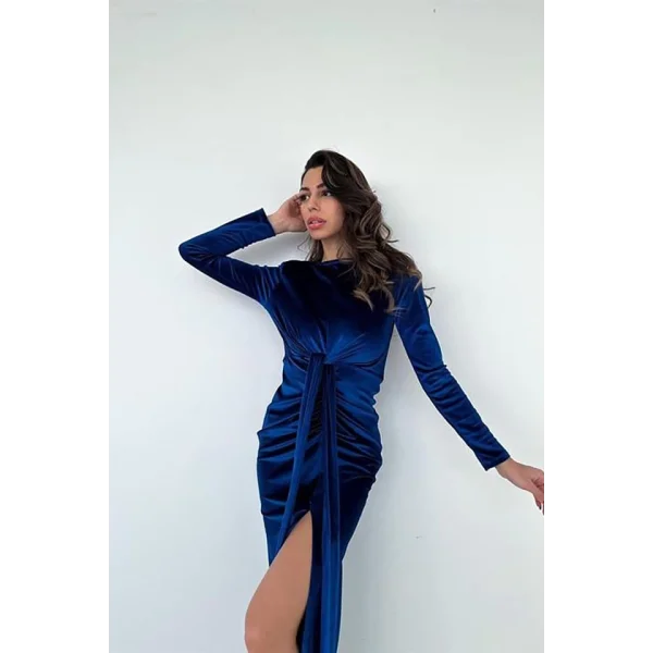 aks Bağlamalı Kadife Elbise