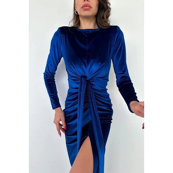 aks Bağlamalı Kadife Elbise