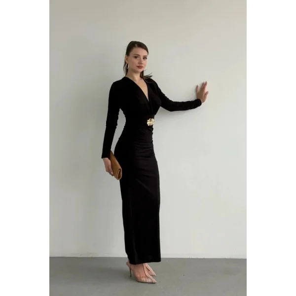 Aksesuarlı Kemerli Drapeli Uzun Elbise