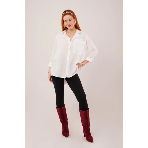 alaş Kesim Cepli Beyaz Gömlek