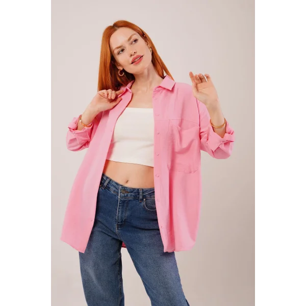 alaş Kesim Cepli Pembe Gömlek