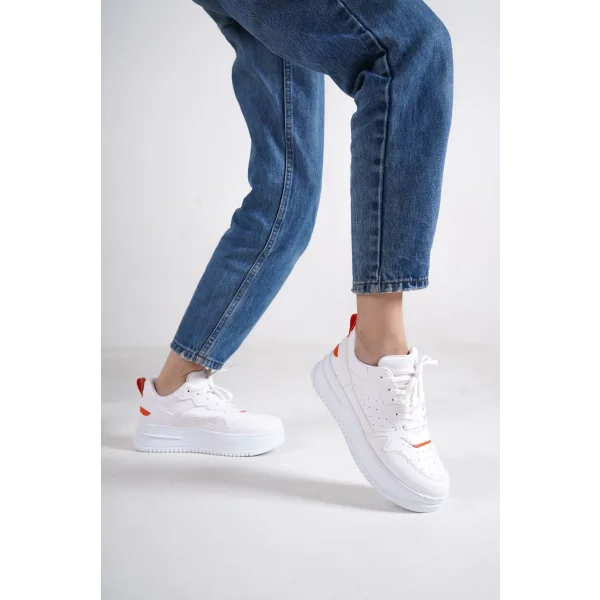 ALESSI Bağcıklı Ortopedik Taban Kadın Sneaker Spor Ayakkabı CBT - Beyaz/Turuncu