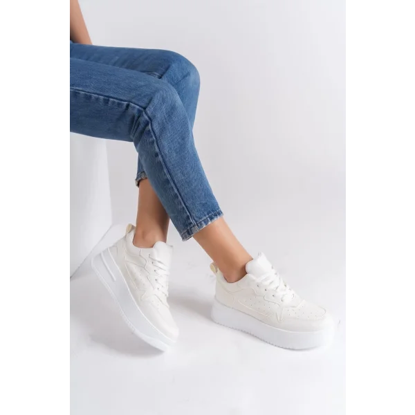 ALESSI Bağcıklı Ortopedik Taban Kadın Sneaker Spor Ayakkabı CBT - Kırık Beyaz