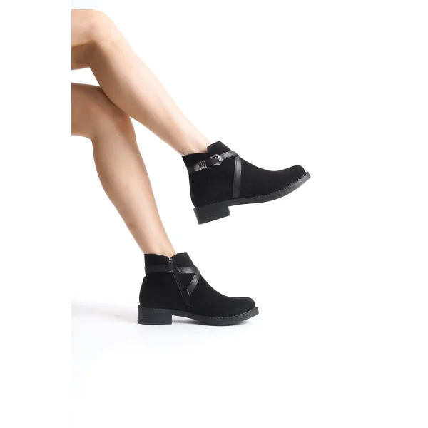 ALMILA Fermuarlı Lastikli Ortopedik Taban Topuklu Süet Kadın Bot SST - Siyah