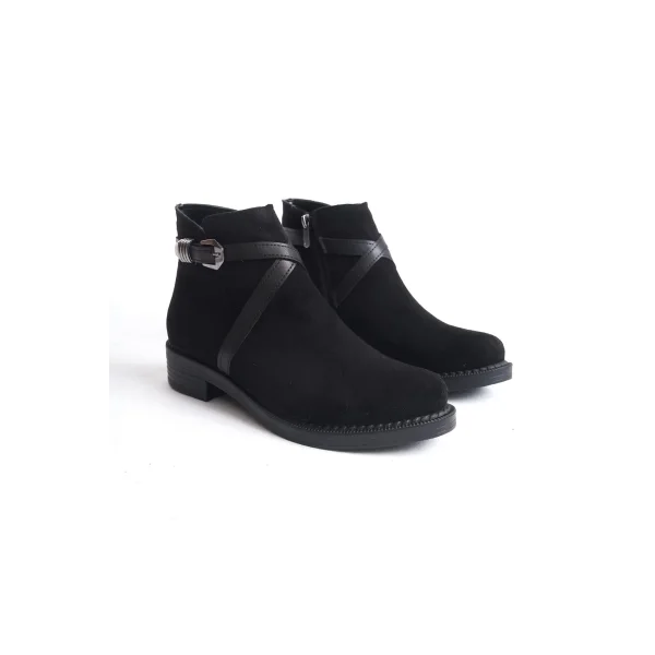 ALMILA Fermuarlı Lastikli Ortopedik Taban Topuklu Süet Kadın Bot SST - Siyah