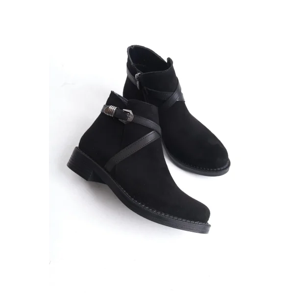 ALMILA Fermuarlı Lastikli Ortopedik Taban Topuklu Süet Kadın Bot SST - Siyah