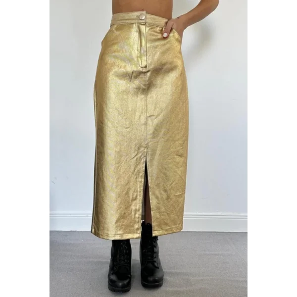 Altın Varaklı Gabardin Yırtmaçlı Etek