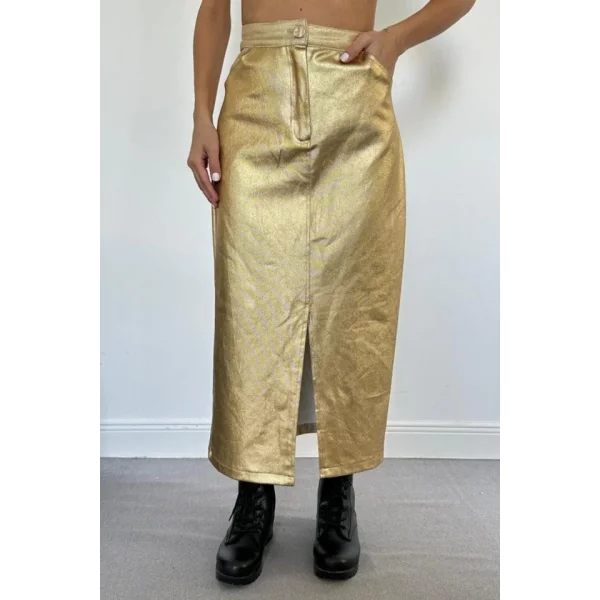 Altın Varaklı Gabardin Yırtmaçlı Etek