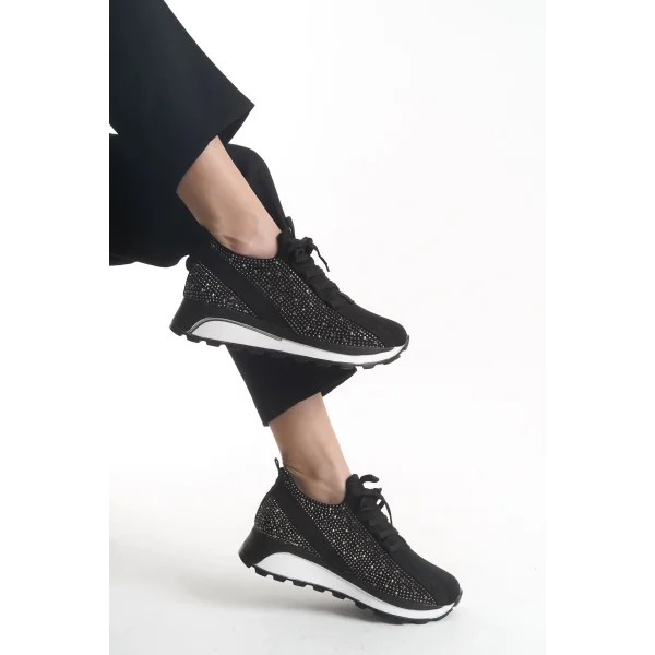ALYA Bağcıklı Ortopedik Taban Taşlı Kadın Sneaker Spor Ayakkabı CBT - Siyah