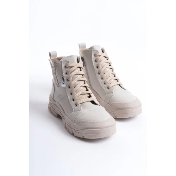 AMBER Bağcıklı Fermuarlı Ortopedik Taban Kadın Bot  CKT - Krem