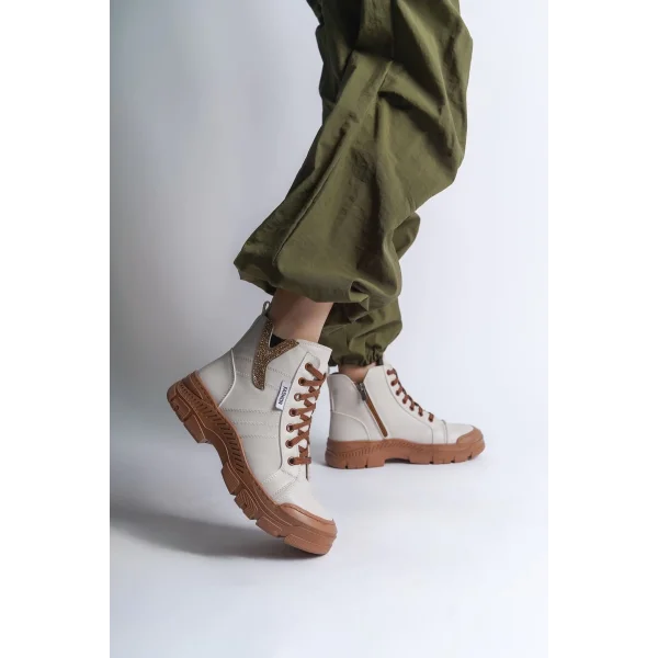 AMBER Bağcıklı Fermuarlı Ortopedik Taban Kadın Bot  CTT - Krem