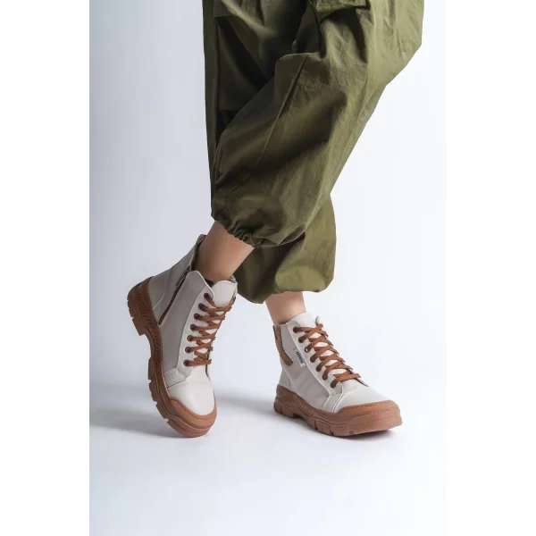 AMBER Bağcıklı Fermuarlı Ortopedik Taban Kadın Bot  CTT - Krem