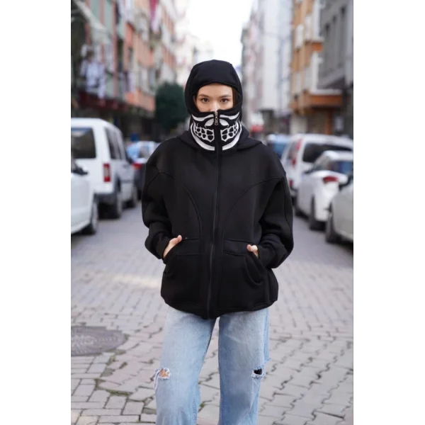 amuray Kapşonlu ZIP Fermuarlı Çift Kapşonlu Nakışlı weathirt iyah