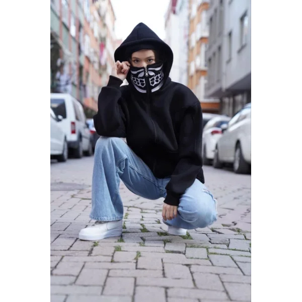 amuray Kapşonlu ZIP Fermuarlı Çift Kapşonlu Nakışlı weathirt iyah