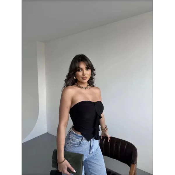 andy Asimetrik Büzgülü traplez Bluz  iyah