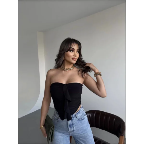 andy Asimetrik Büzgülü traplez Bluz  iyah