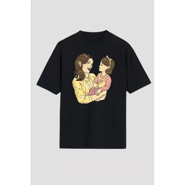 Anneler Gününe Özel Tasarım Anne Kız Baskılı T-shirt - Siyah