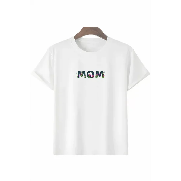 Anneler Gününe Özel Tasarım mom Çiçek Baskılı T-shirt - Beyaz