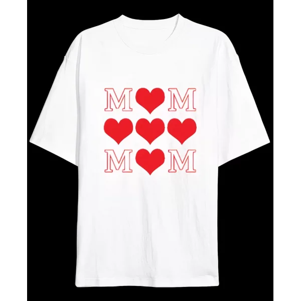 Anneler Gününe Özel Tasarım MOM Kalp Baskılı T-shirt - Beyaz