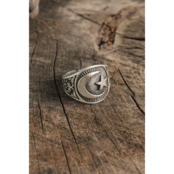 Antik Gümüş Renk Ay Yıldız İşleme Ayarlanabilir Erkek Yüzük