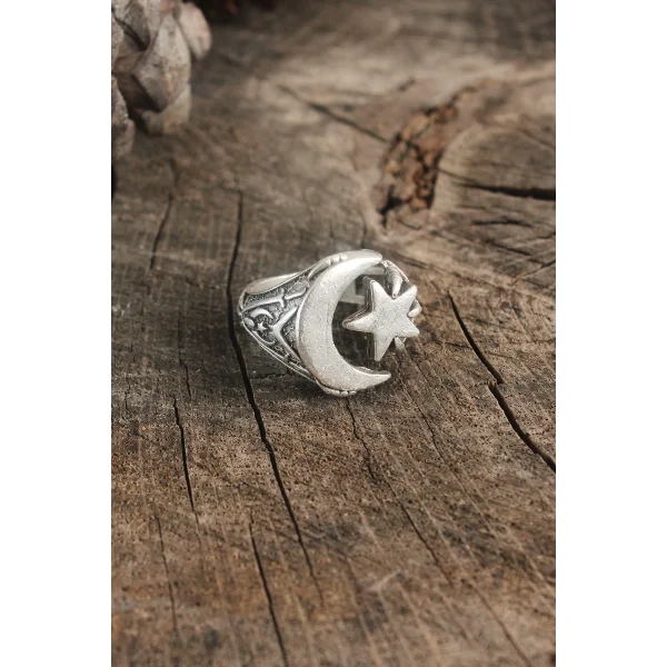 Antik Gümüş Renk Ay Yıldız Model Ayarlanabilir Erkek Yüzük