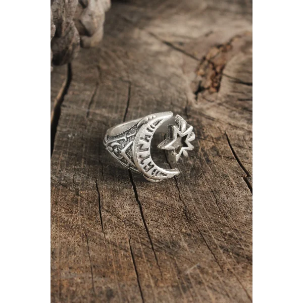 Antik Gümüş Renk Ay Yıldız Model Göktürkçe Türk İşleme Ayarlanabilir Erkek Yüzük