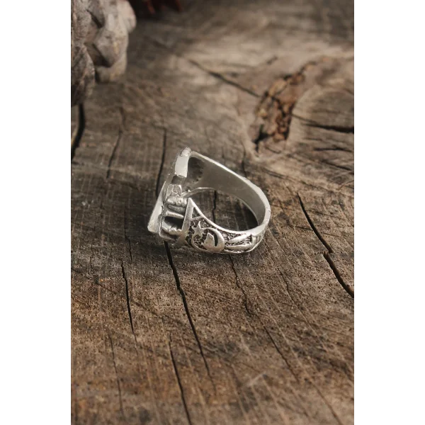 Antik Gümüş Renk Ay Yıldız Model Göktürkçe Türk İşleme Ayarlanabilir Erkek Yüzük