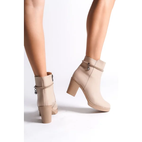 ARIA Fermuarlı Ortopedik Taban Taşlı Topuklu Kadın Bot CTT - Ten