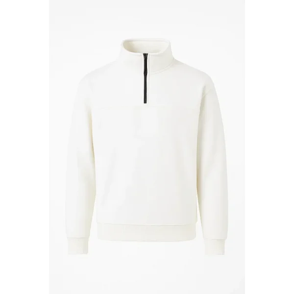 Arka Yarım Fermuarlı Oversize Yakalı Basic SweatShirt - Beyaz