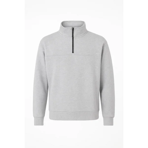 Arka Yarım Fermuarlı Oversize Yakalı Basic SweatShirt - Gri