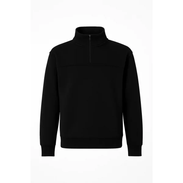 Arka Yarım Fermuarlı Oversize Yakalı Basic SweatShirt - Siyah