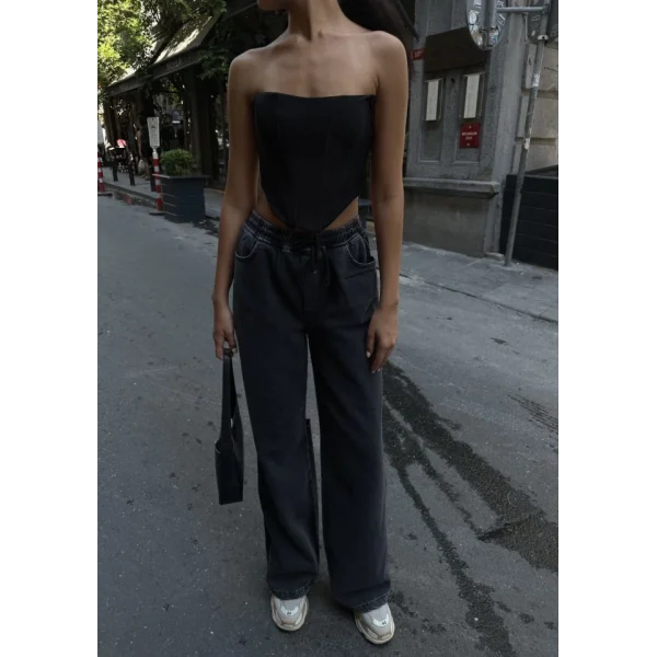 Arkadan Yırtmaçlı Jeans Kot Palazzo Pantolon  iyah