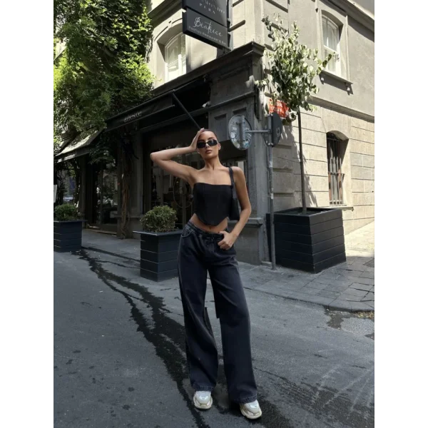 Arkadan Yırtmaçlı Jeans Kot Palazzo Pantolon  iyah