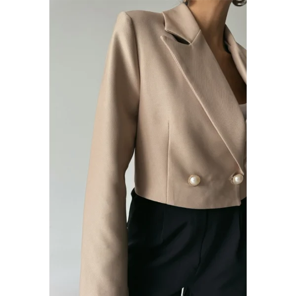 ARKAI İNCİ DÜĞE DETAYI CROP CEKET  Bej