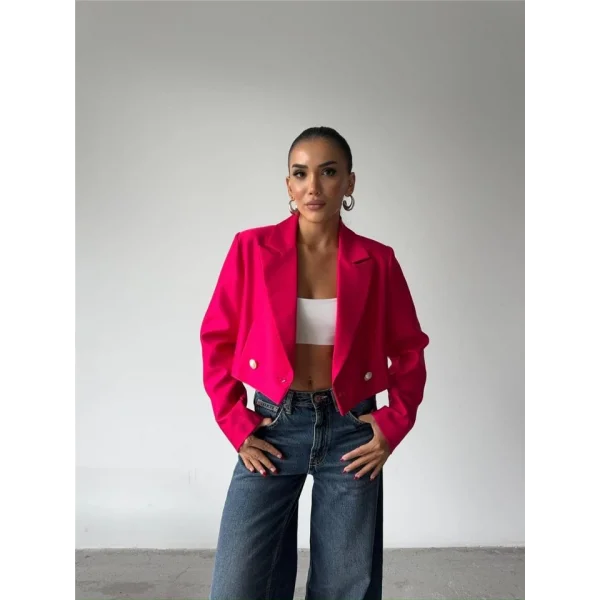 ARKAI İNCİ DÜĞE DETAYI CROP CEKET  Fuşya