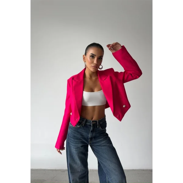 ARKAI İNCİ DÜĞE DETAYI CROP CEKET  Fuşya