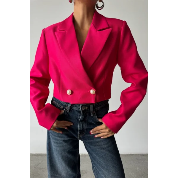 ARKAI İNCİ DÜĞE DETAYI CROP CEKET  Fuşya