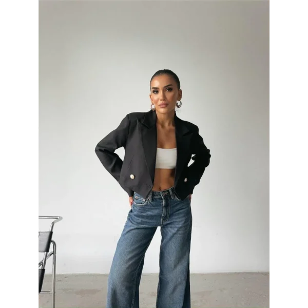 ARKAI İNCİ DÜĞE DETAYI CROP CEKET  iyah