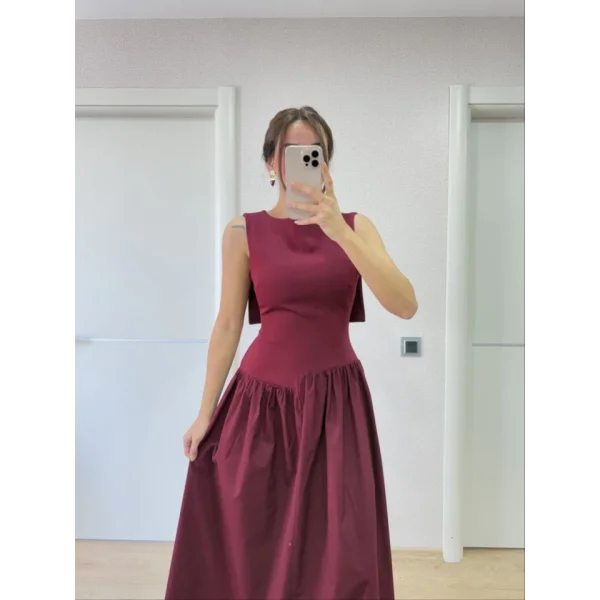 Arkası Kanatlı Uzun Elbise- Bordo