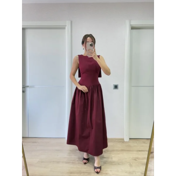 Arkası Kanatlı Uzun Elbise- Bordo