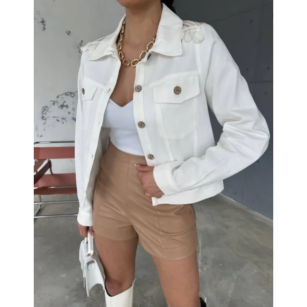 ARKASI NAKIŞLI PÜSKÜLLÜ CROP CEKET - Beyaz