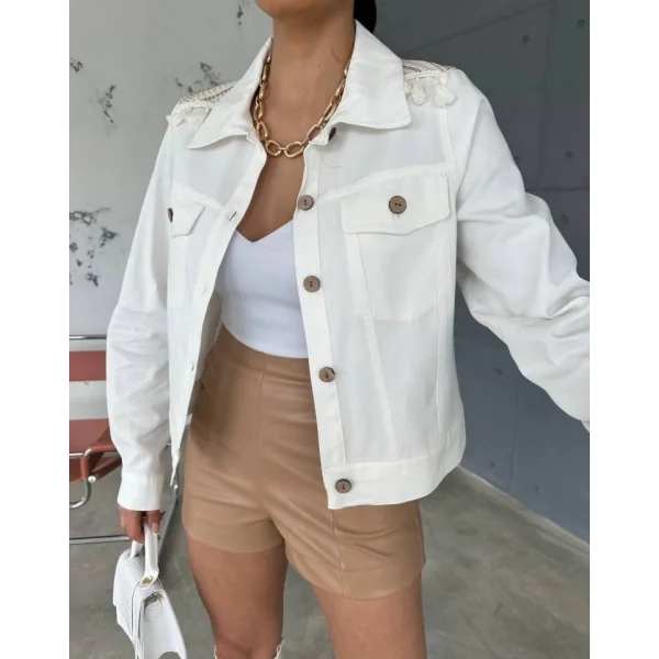 ARKASI NAKIŞLI PÜSKÜLLÜ CROP CEKET - Beyaz