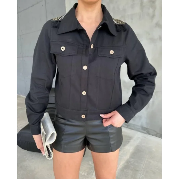 ARKASI NAKIŞLI PÜSKÜLLÜ CROP CEKET - Siyah