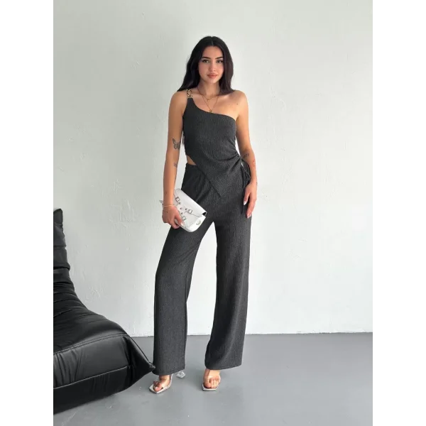 Asimetrik Crop Pantalon ikili Takım - Füme