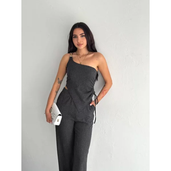 Asimetrik Crop Pantalon ikili Takım - Füme