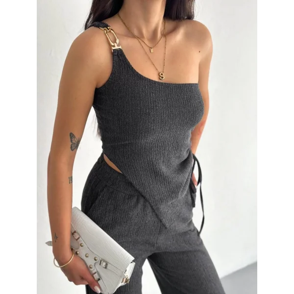 Asimetrik Crop Pantalon ikili Takım - Füme