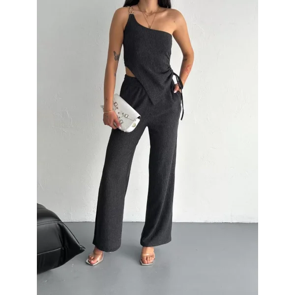 Asimetrik Crop Pantalon ikili Takım - Füme