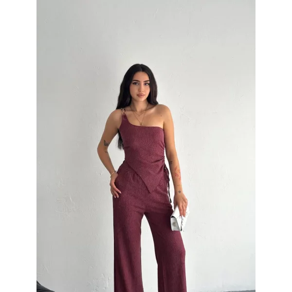 Asimetrik Crop Pantalon ikili Takım - Gül Kurusu