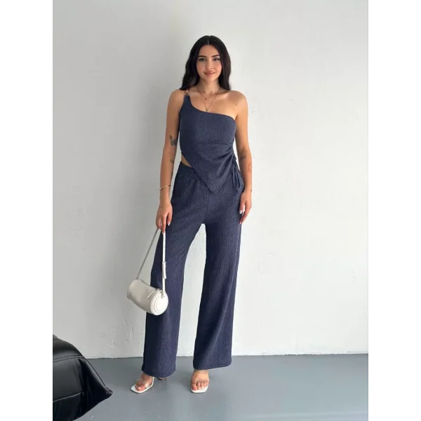 Asimetrik Crop Pantalon ikili Takım - Lacivert